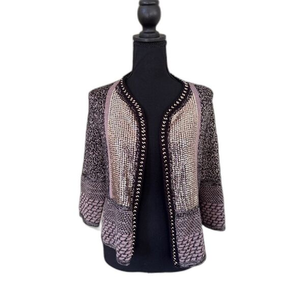 CHICO’S Black & Gold Metallic Sequin Shawnee open Cardigan Sweater Sz 0 EUC - Picture 1 of 14